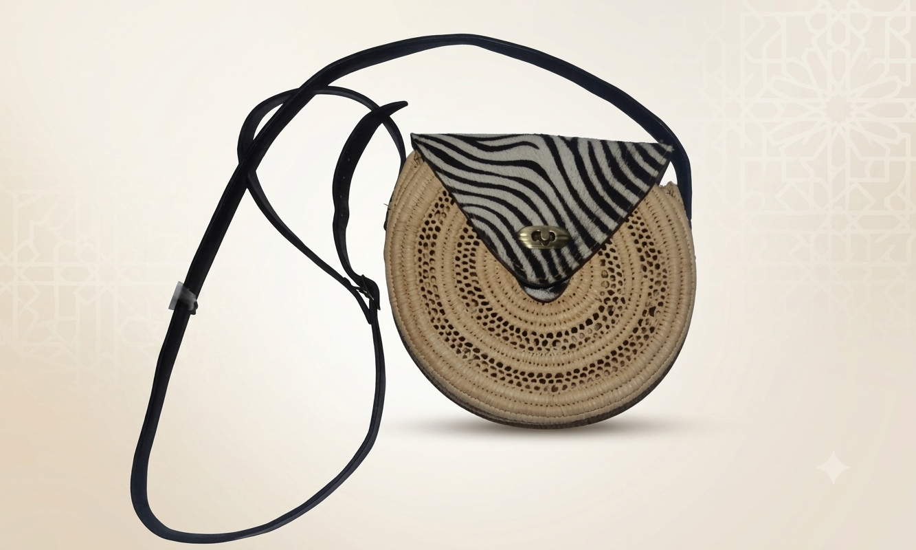 Round Bag of raffia Zebra